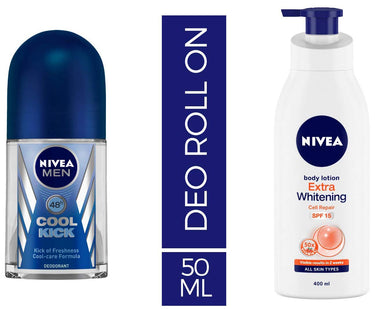 NIVEA Men Roll-On Deodorant, Cool Kick, 50ml And NIVEA Body Lotion, Extra Whitening Cell Repair SPF 15, For All Skin Types, 400ml